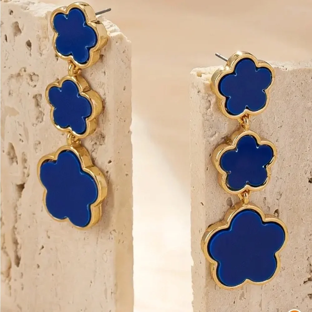 BLUE FLOWER DESIGN LONG DANGLE EARRINGS RETRO BOHEMIAN STYLE JEWELRY NEW